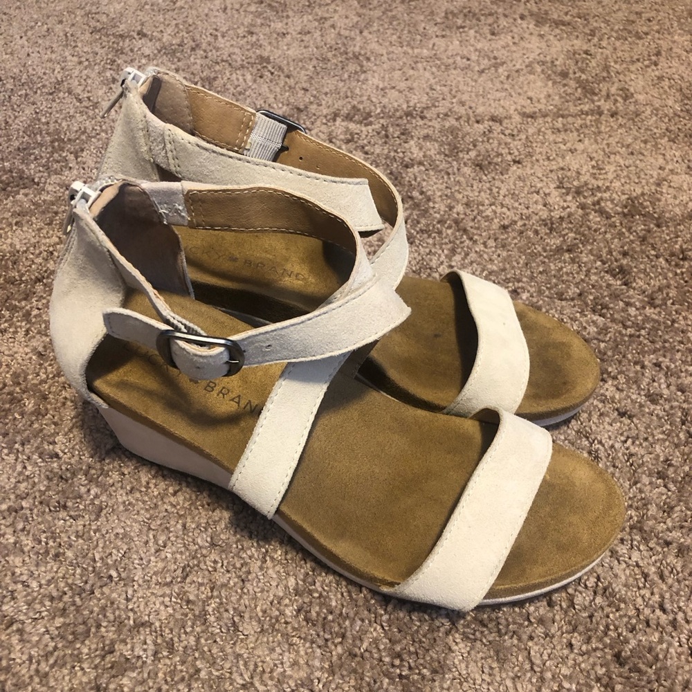 Lucky Brand Beige Suede Strappy Wedge Sandals - Women
